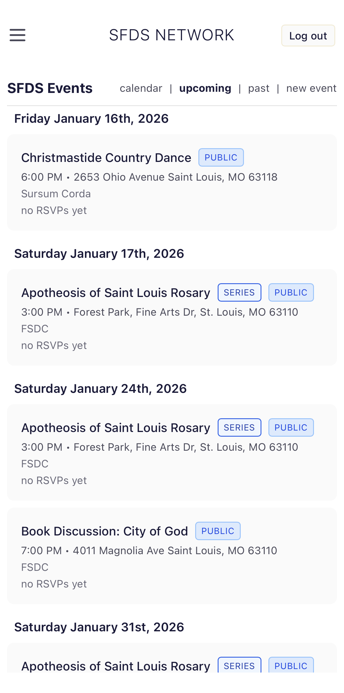 Events list screenshot